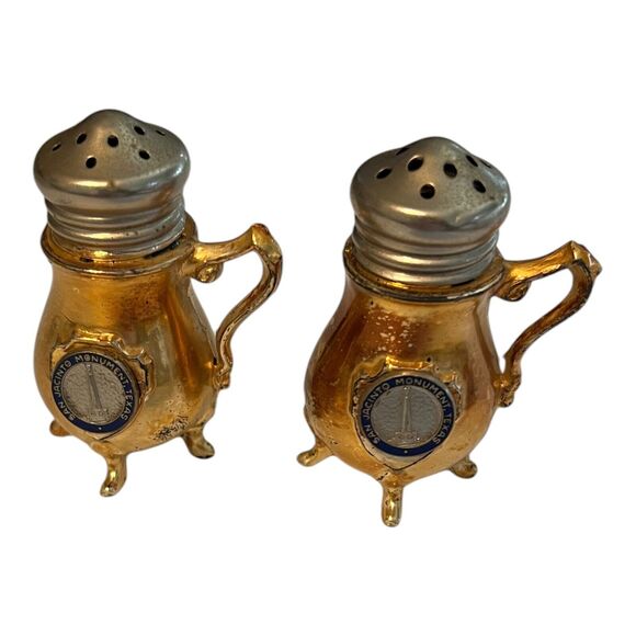 Vintage San Jacinto Monument Salt & Pepper Shaker Set 2” Metal Coffee Pots - Picture 6 of 6
